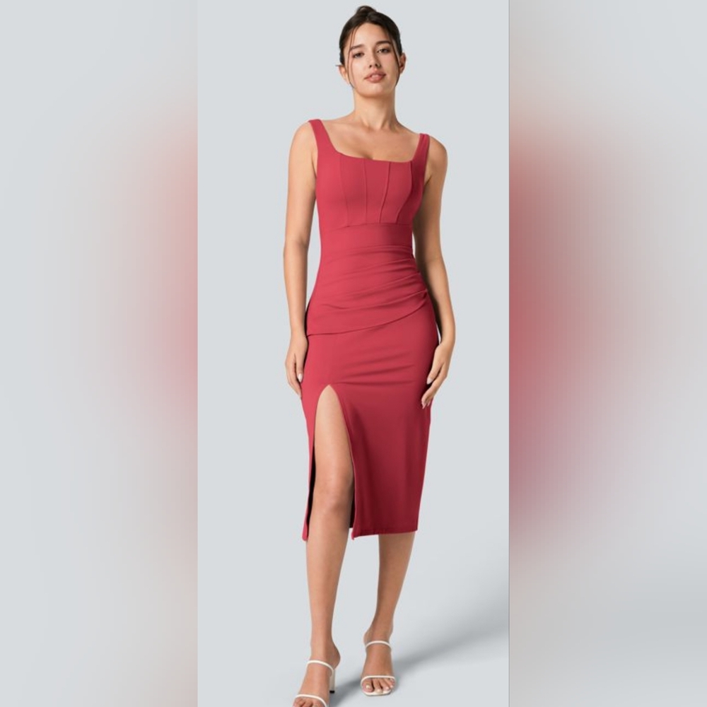 Square Neck Backless Corset Ruched Split Bodycon Midi Casual Dress